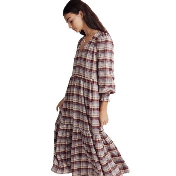 NWT Madewell Plaid Tiered Puff Sleeve Midi Dress in Dusk Peri Plaid - XXS XS - Picture 3 of 16